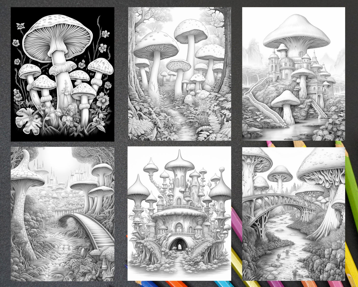 50 Fantasy Mushroom Island Grayscale Coloring Pages for Adults, Printable PDF Instant Download