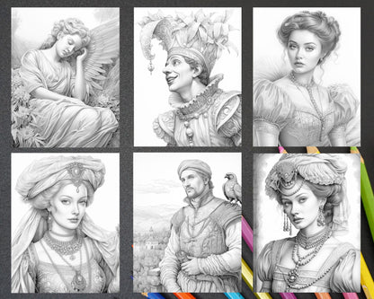 55 Renaissance Portraits Grayscale Adult Coloring Pages, Printable PDF Instant Download