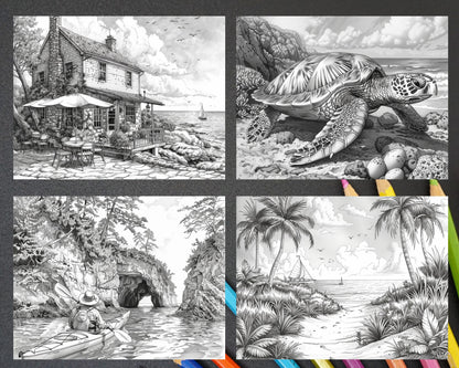 65 Coastal Landscapes Grayscale Adult Coloring Pages, Printable PDF Instant Download