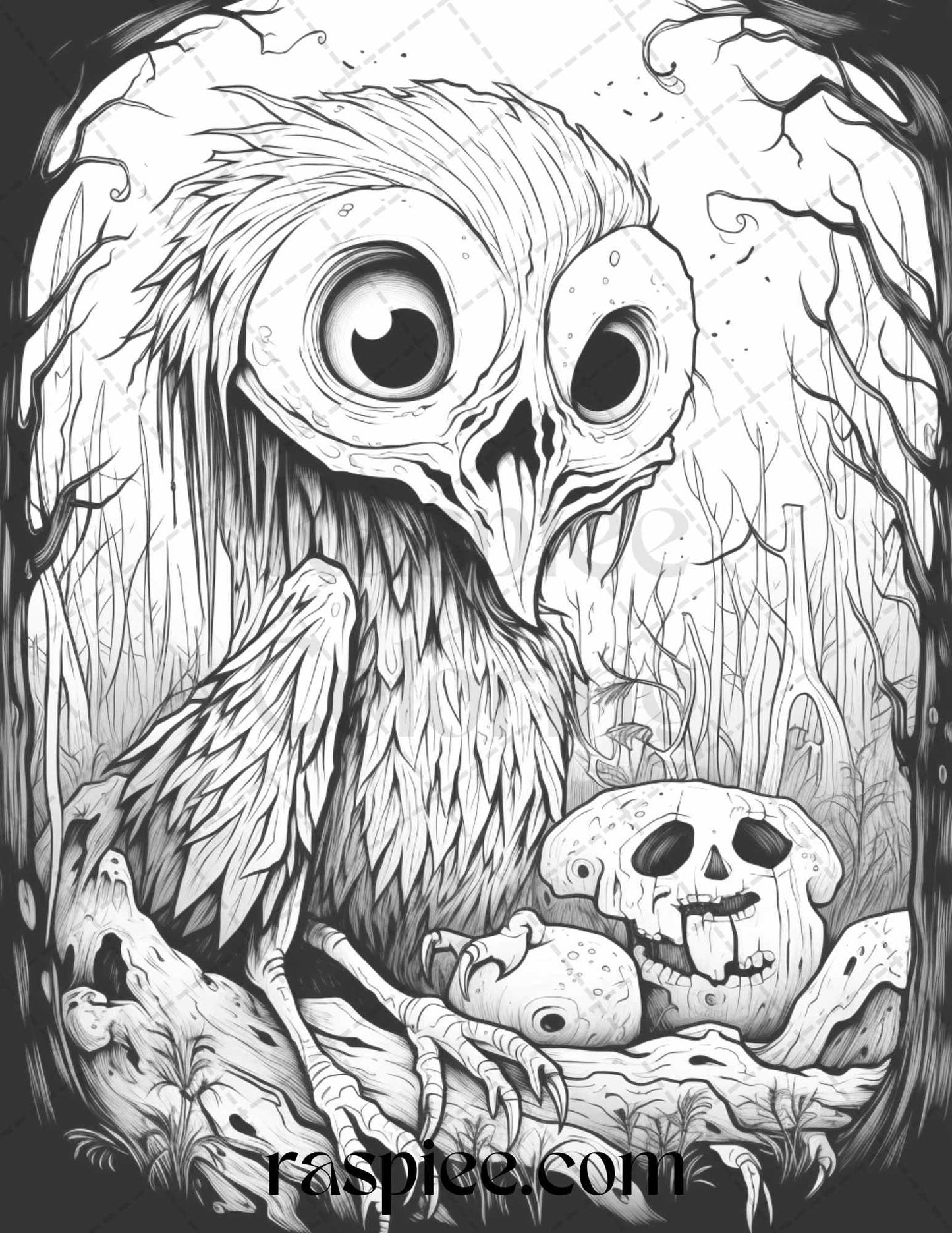 50 Halloween Scary Animals Grayscale Coloring Pages Printable for Adults, PDF File Instant Download