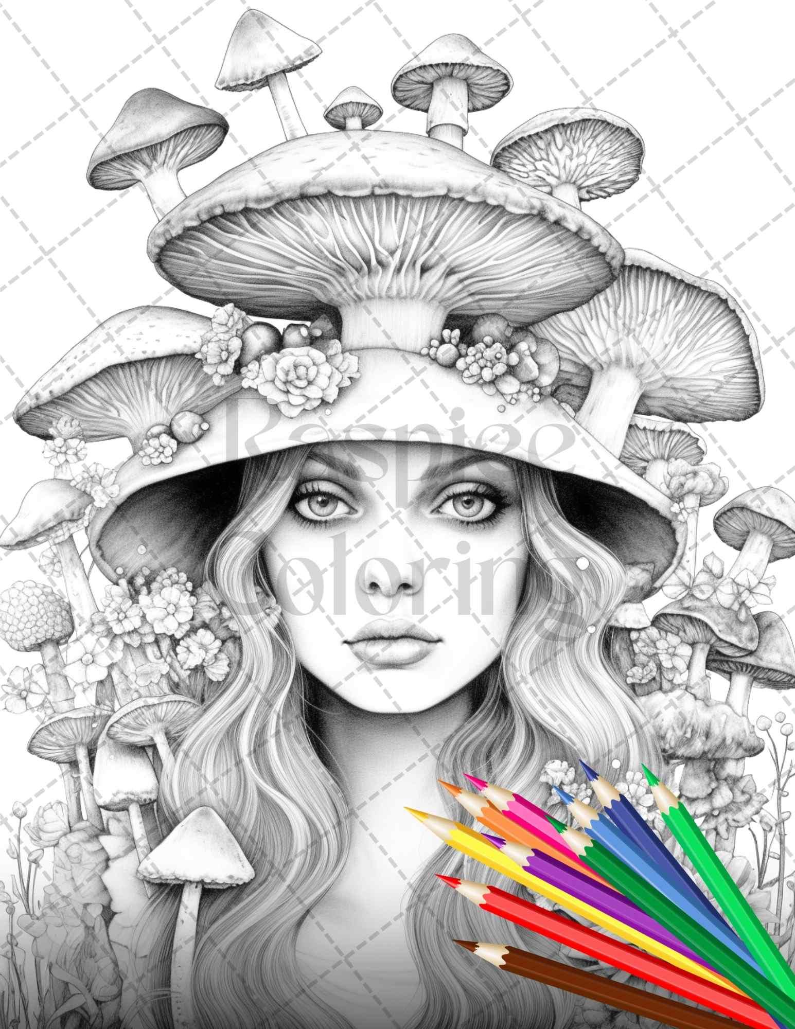 50 Mushroom Fairy Grayscale Coloring Pages Printable for Adults, PDF File Instant Download