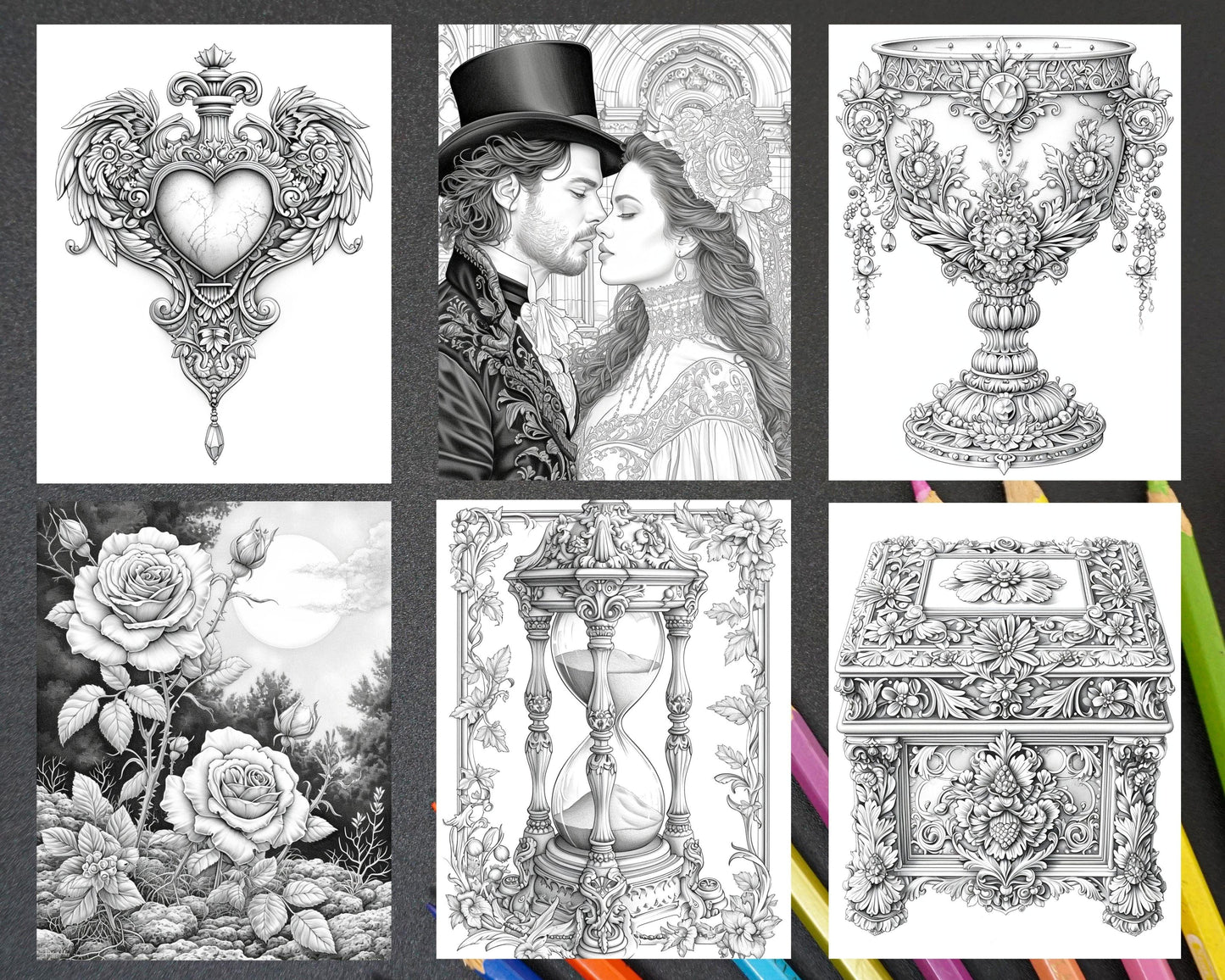 55 Gothic Valentines Day Grayscale Adult Coloring Pages, Printable PDF Instant Download