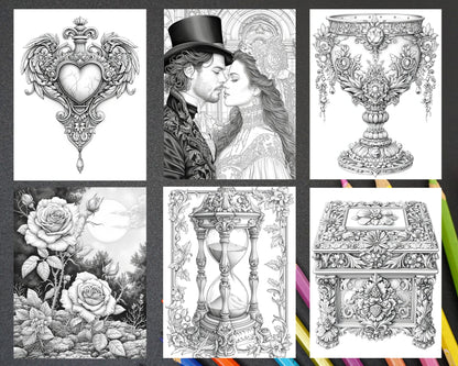 55 Gothic Valentines Day Grayscale Adult Coloring Pages, Printable PDF Instant Download