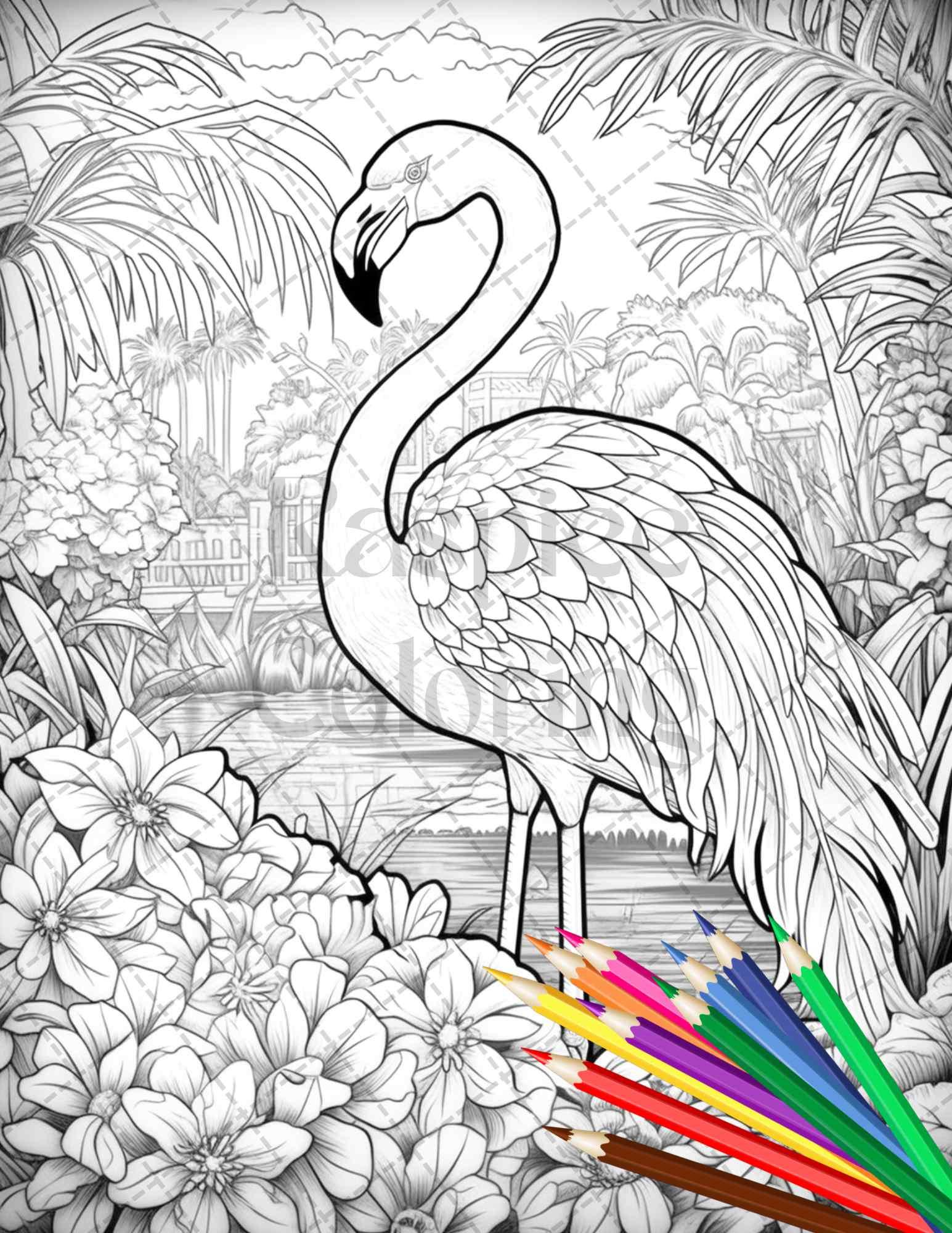 Flamingo Oasis Grayscale Coloring Pages Printable for Adults, PDF File Instant Download