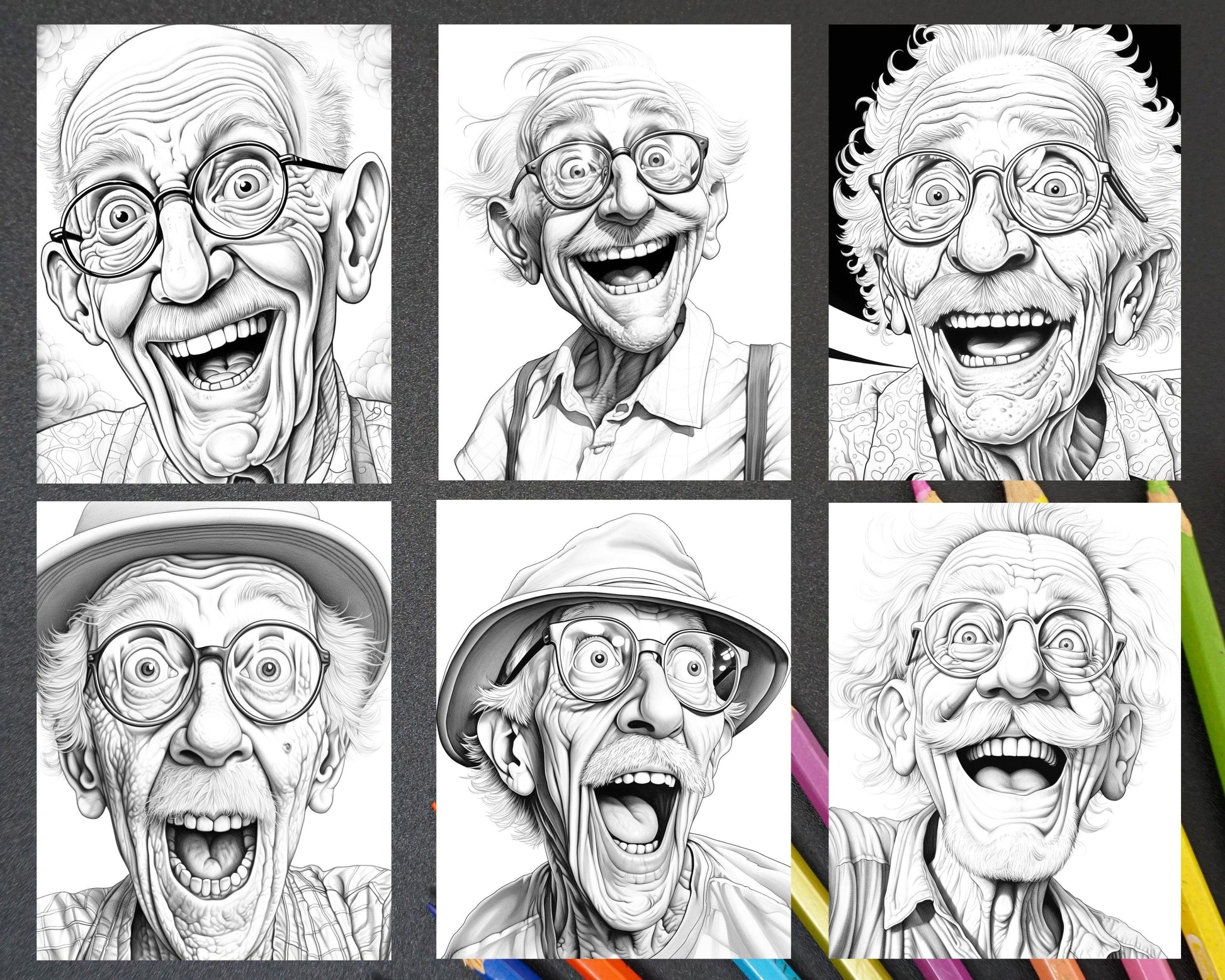 50 Funny Grandpa Grayscale Coloring Pages for Adults, Printable PDF Instant Download