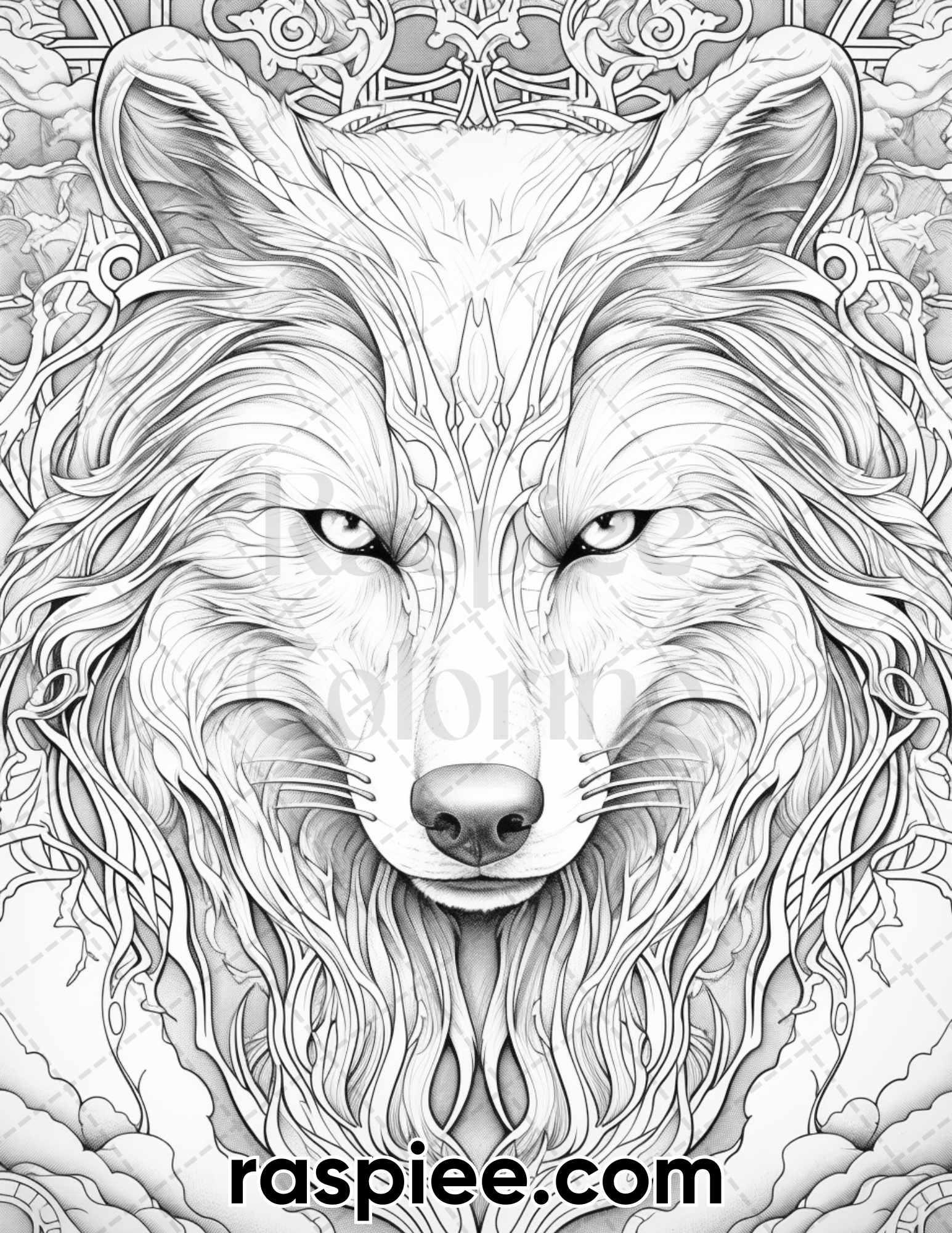 50 Winter Wolf Grayscale Coloring Pages for Adults, Printable PDF Instant Download