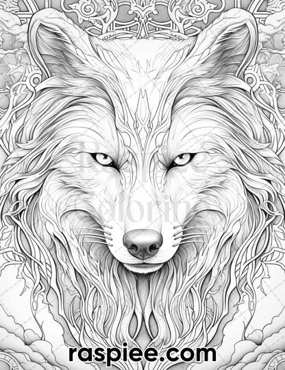 50 Winter Wolf Grayscale Coloring Pages for Adults, Printable PDF Instant Download
