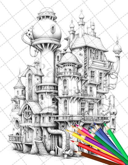 50 Steampunk Houses Grayscale Coloring Pages Printable for Adults, PDF File Instant Download