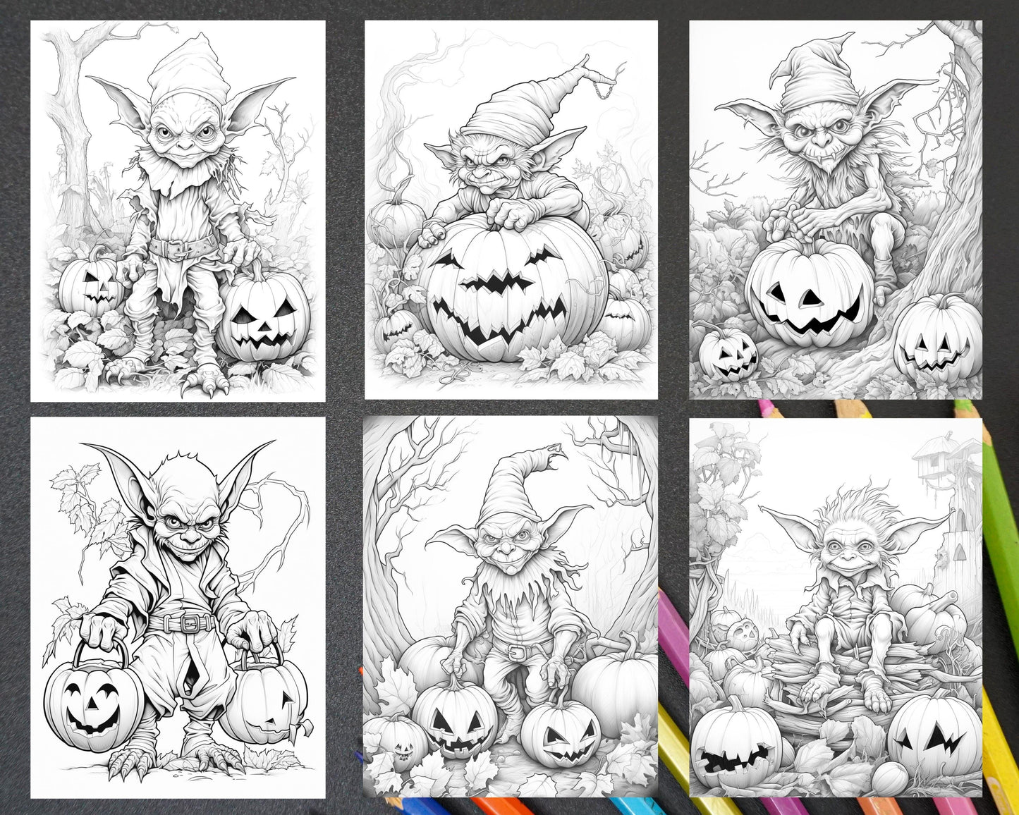 50 Halloween Goblin Grayscale Coloring Pages Printable for Adults, PDF File Instant Download