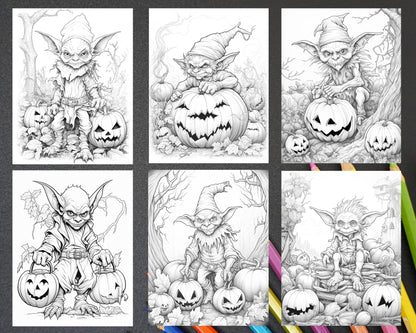 50 Halloween Goblin Grayscale Coloring Pages Printable for Adults, PDF File Instant Download