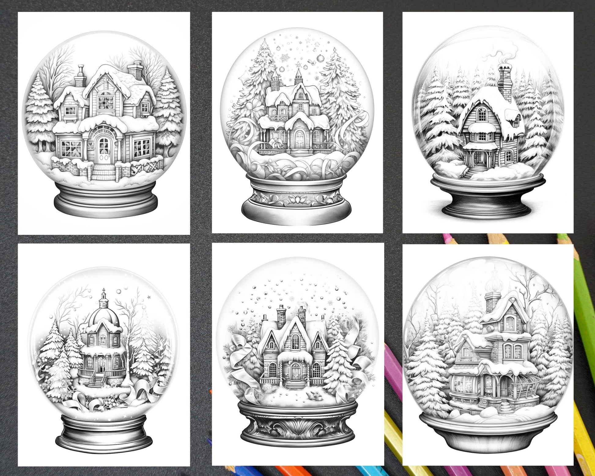 Cozy Cabin in Snow Globe Grayscale Coloring Pages Printable for Adults, PDF File Instant Download