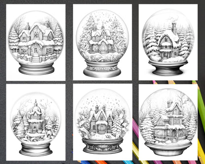Cozy Cabin in Snow Globe Grayscale Coloring Pages Printable for Adults, PDF File Instant Download