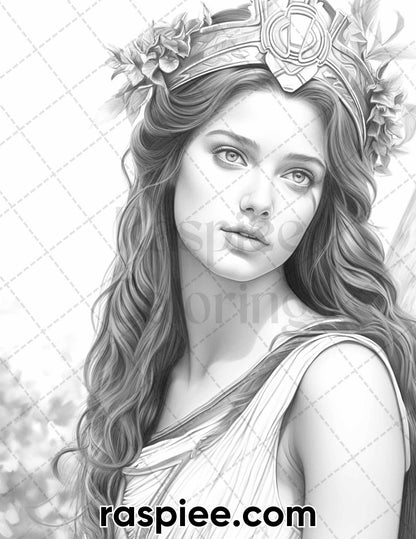 60 Ancient Greece Women Grayscale Coloring Pages for Adults, Printable PDF Instant Download
