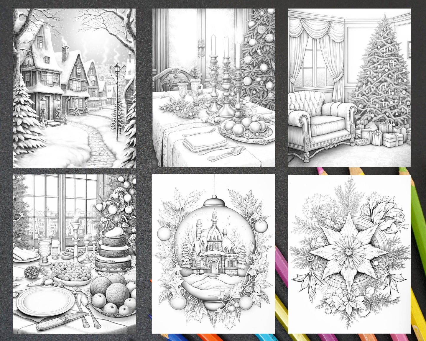 60 Merry Christmas Grayscale Coloring Pages Printable for Adult, Holiday Relaxation Art, PDF File Instant Download