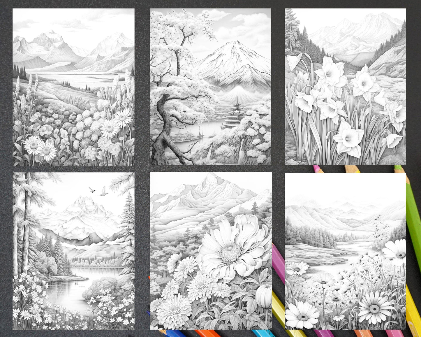 60 Mountain Flower Landscapes Grayscale Coloring Pages Printable for Adults, PDF File Instant Download