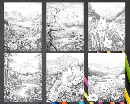 60 Mountain Flower Landscapes Grayscale Coloring Pages Printable for Adults, PDF File Instant Download