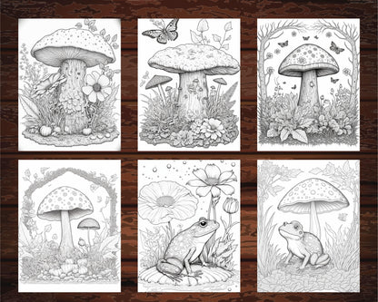 100 Mushroom Forest Coloring Pages Printable for Adults and Kids, Grayscale Coloring Book, Printable PDF File Instant Download