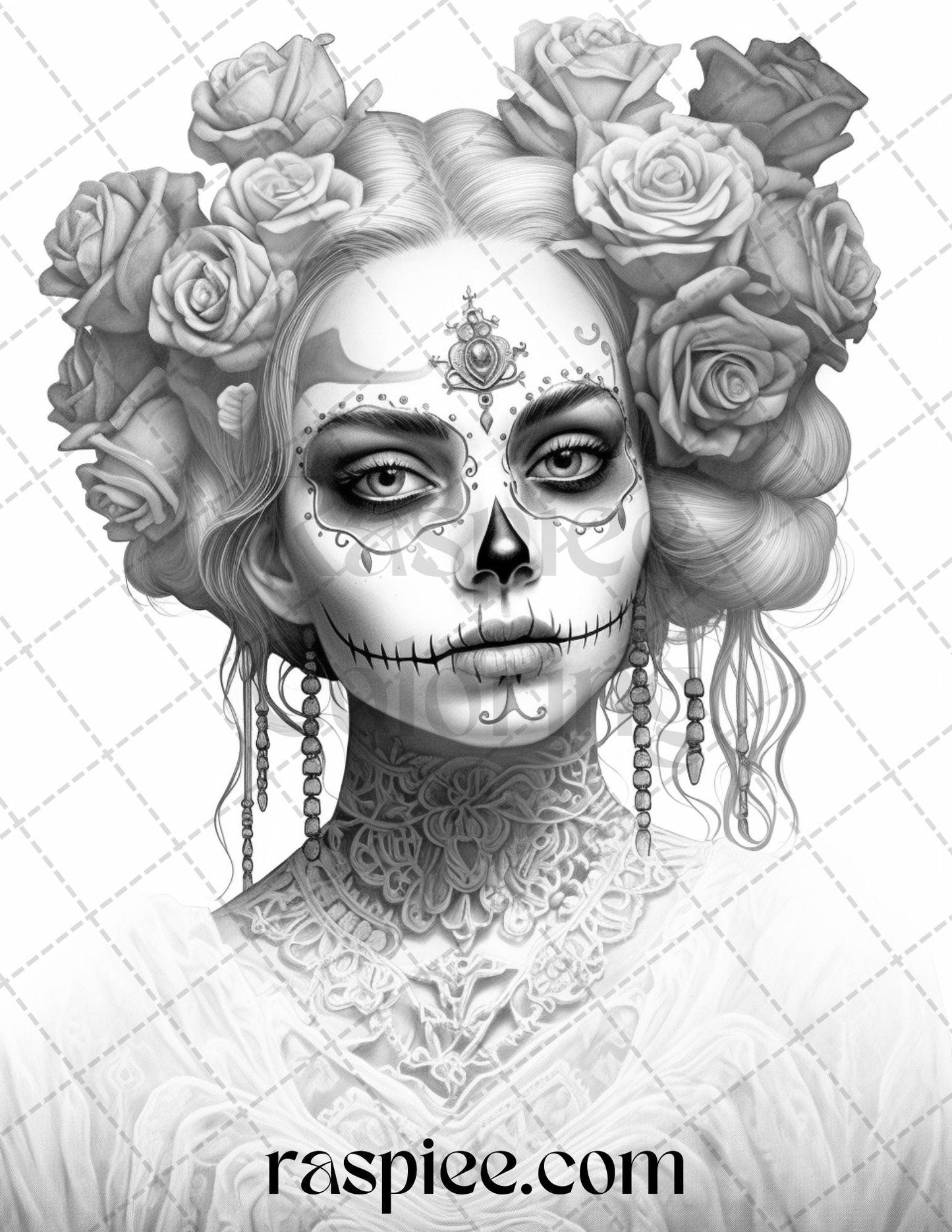 55 Halloween Girls Grayscale Coloring Pages Printable for Adults, PDF File Instant Download