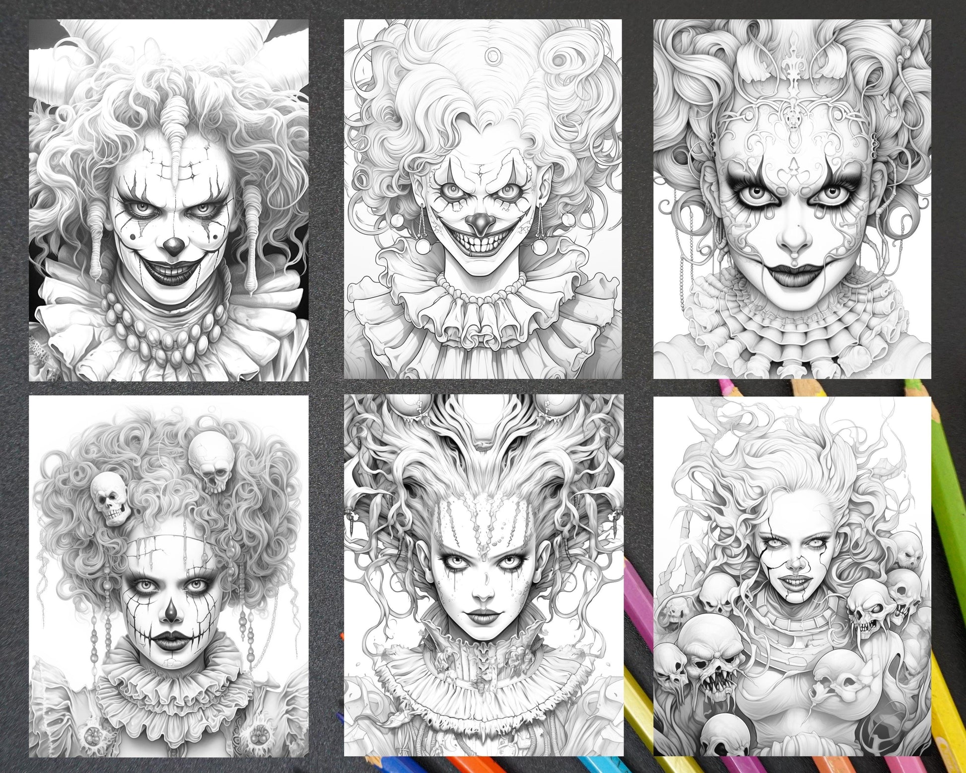 50 Scary Clown Girls Grayscale Coloring Pages Printable for Adults, PDF File Instant Download