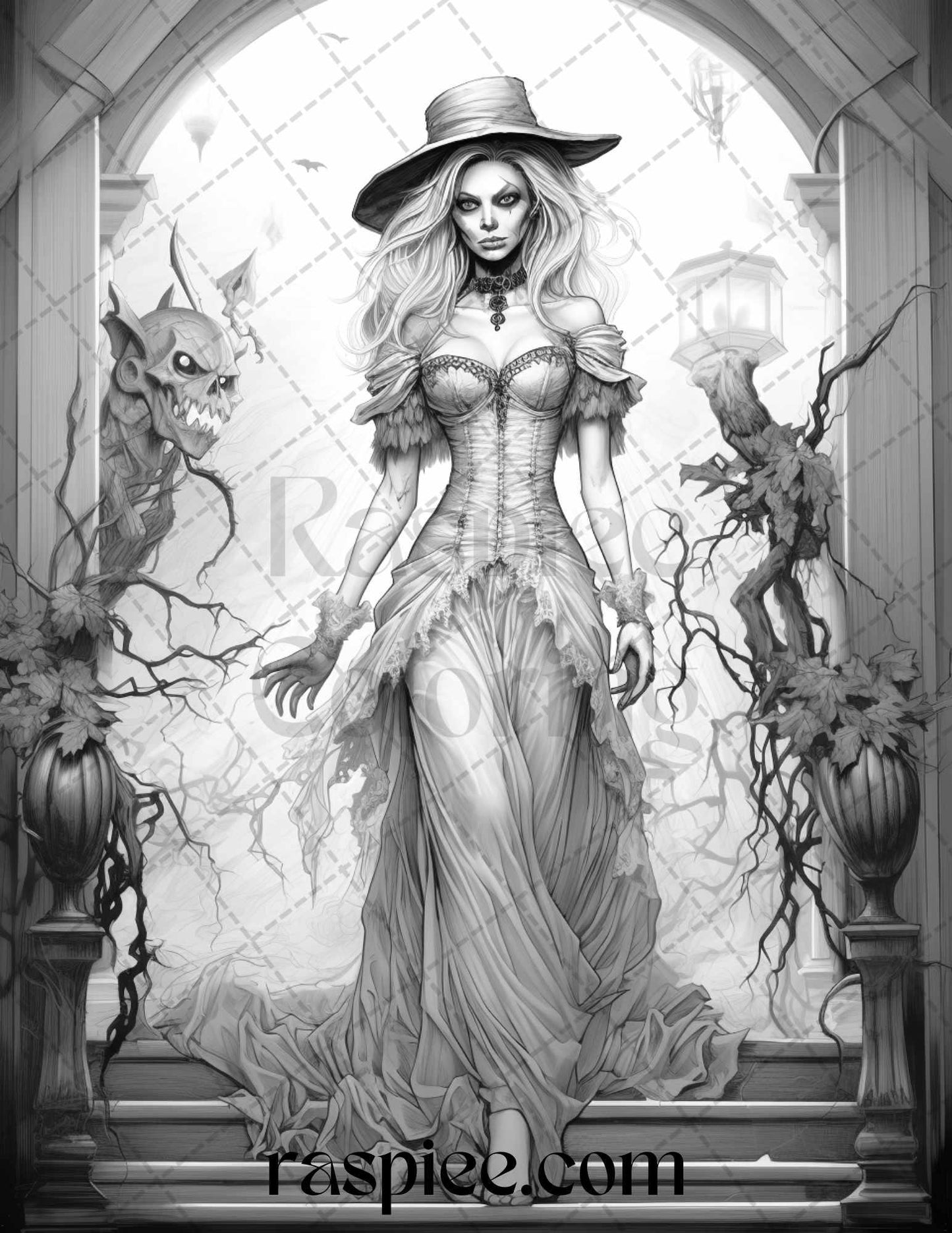 60 Halloween Victorian Era Grayscale Coloring Pages Printable for Adults, PDF File Instant Download