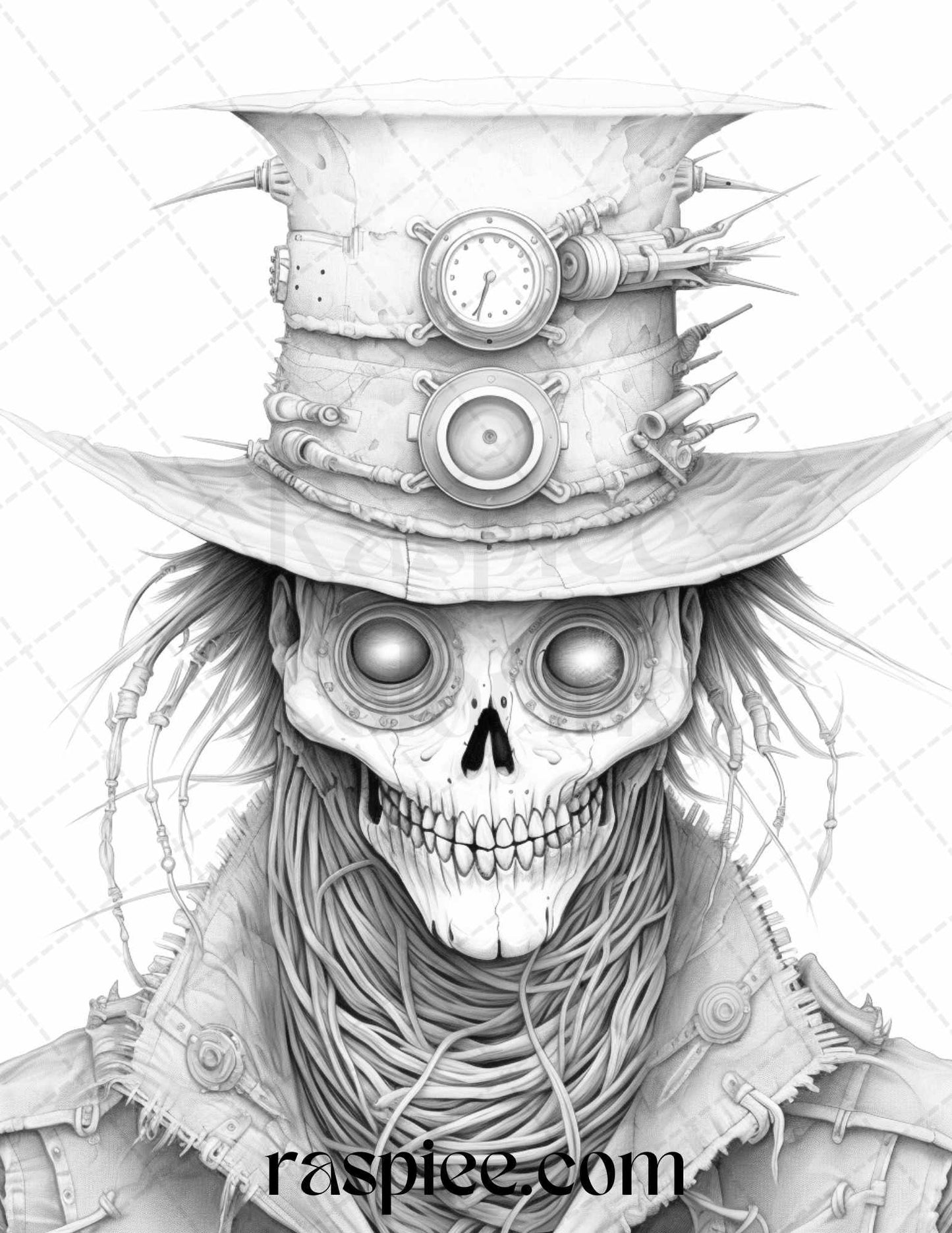 53 Scary Steampunk Scarecrows Grayscale Coloring Pages Printable for Adults, PDF File Instant Download