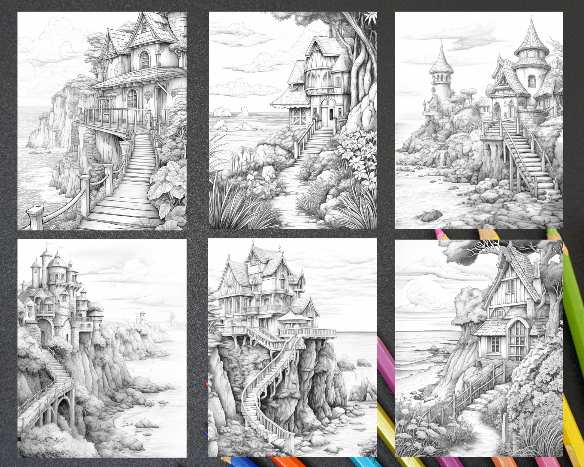 50 Fairy Beach Houses Grayscale Coloring Pages for Adults, Printable PDF Instant Download