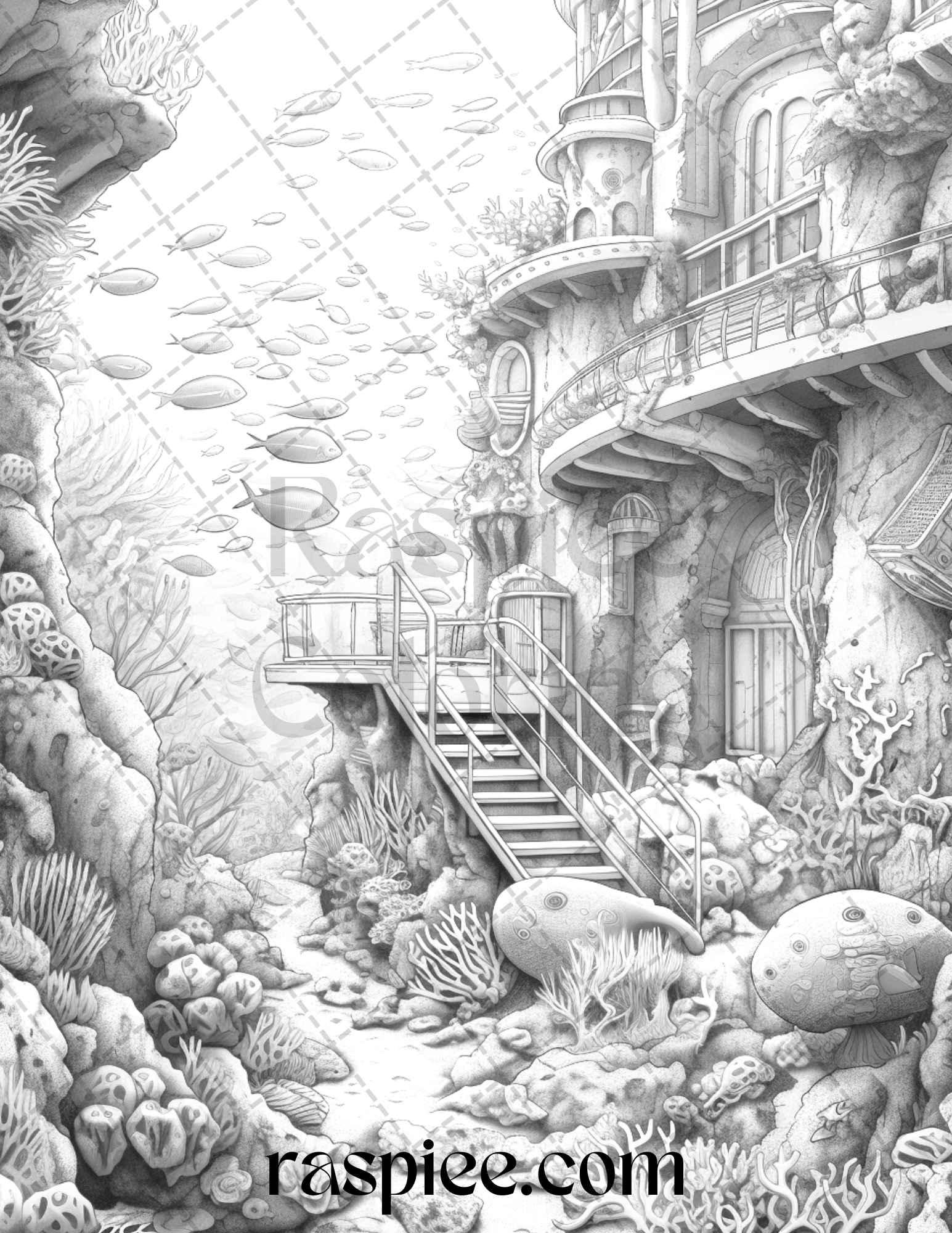 Ocean Life Grayscale Coloring Pages Printable for Adults Relaxation and Creativity, PDF File Instant Download