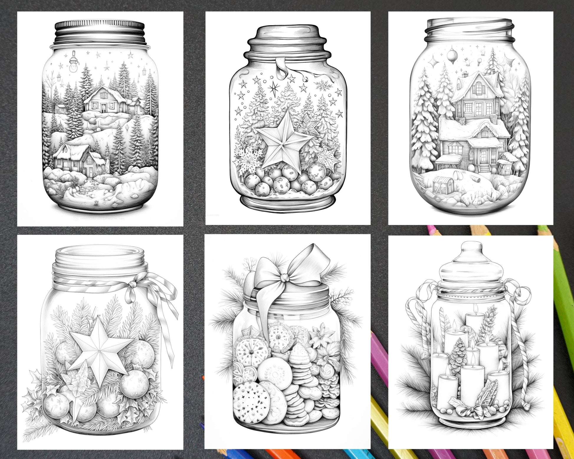 60 Christmas In Jar Grayscale Coloring Pages for Adults, Printable PDF Instant Download