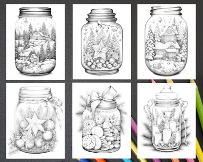 60 Christmas In Jar Grayscale Coloring Pages for Adults, Printable PDF Instant Download