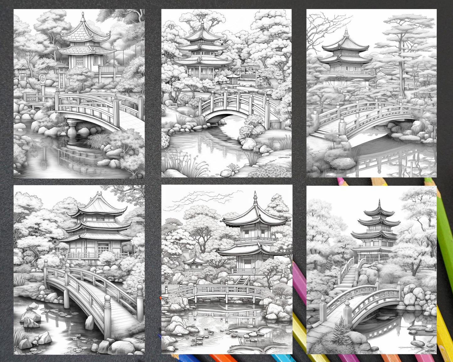 Japanese Garden Grayscale Coloring Pages Printable for Adults, PDF File Instant Download