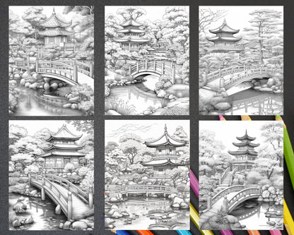 Japanese Garden Grayscale Coloring Pages Printable for Adults, PDF File Instant Download