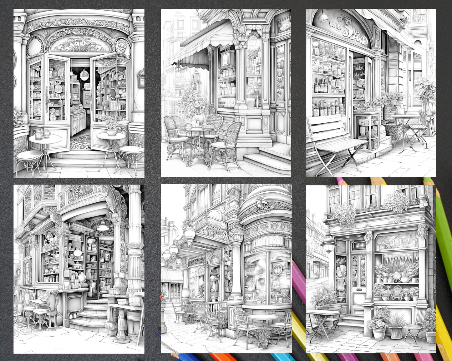 50 Cozy Coffee Shop Grayscale Coloring Pages Printable for Adults, PDF File Instant Download