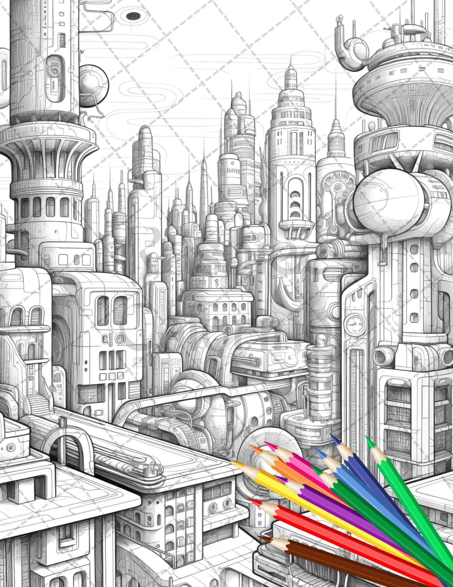 50 Futuristic Metropolis Grayscale Coloring Pages Printable for Adults, PDF File Instant Download