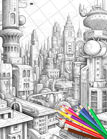 50 Futuristic Metropolis Grayscale Coloring Pages Printable for Adults, PDF File Instant Download