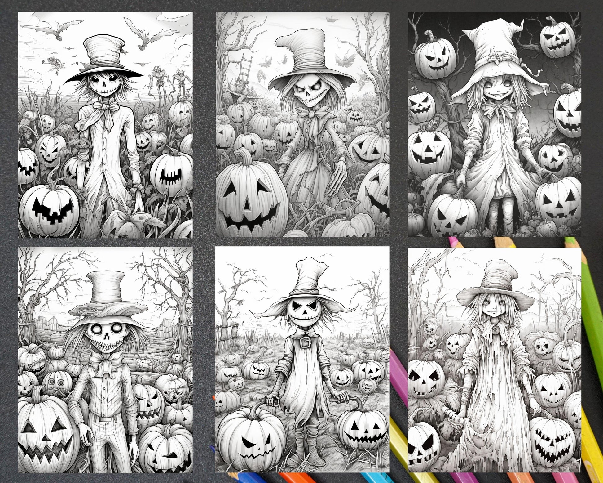 50 Halloween Scarecrows Grayscale Coloring Pages Printable for Adults, PDF File Instant Download