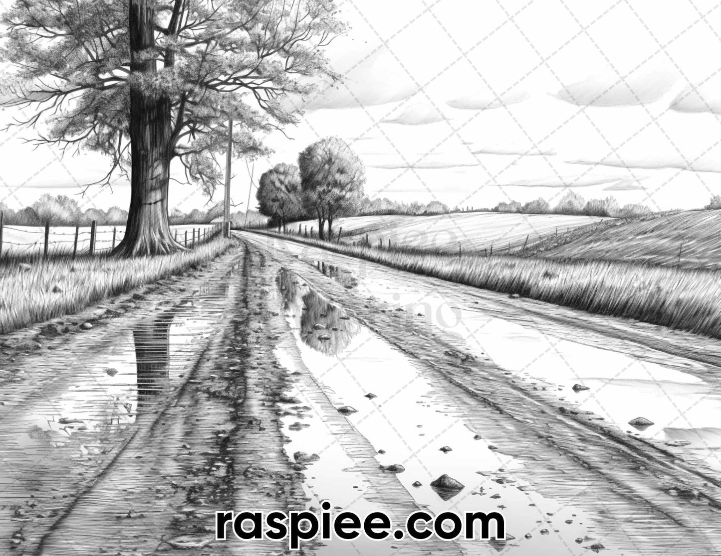 60 Spring Rainy Day Landscapes Grayscale Adult Coloring Pages, Printable PDF Instant Download