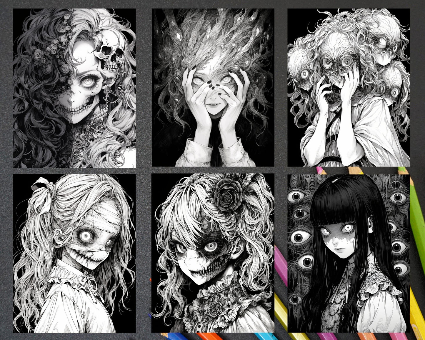 60 Horror Beauties Grayscale Coloring Pages Printable for Adults, PDF File Instant Download