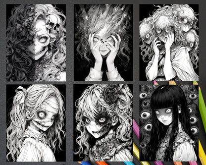 60 Horror Beauties Grayscale Coloring Pages Printable for Adults, PDF File Instant Download