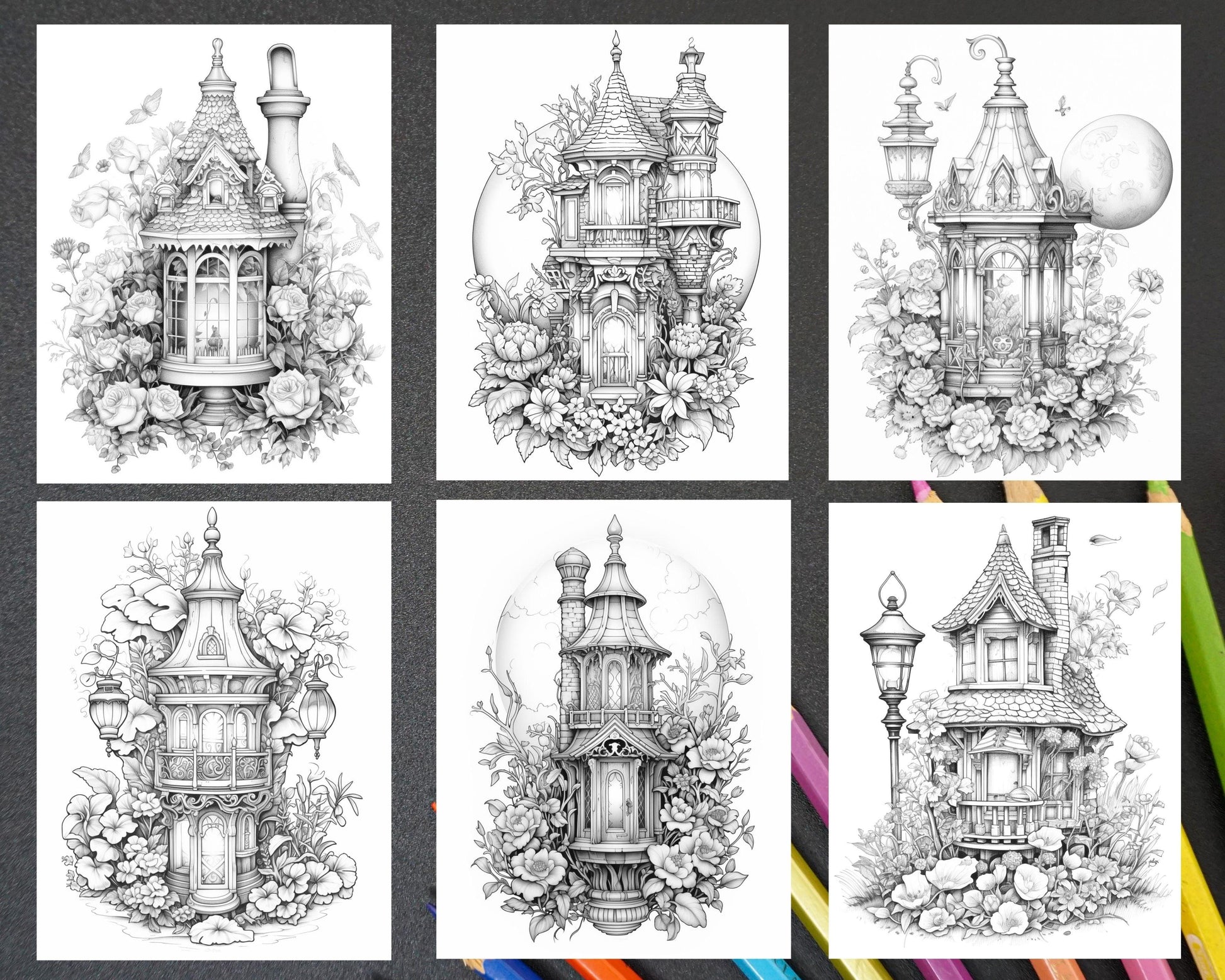 50 Lantern Fairy Houses Grayscale Coloring Pages Printable for Adults, PDF File Instant Download
