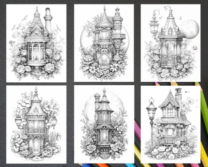 50 Lantern Fairy Houses Grayscale Coloring Pages Printable for Adults, PDF File Instant Download