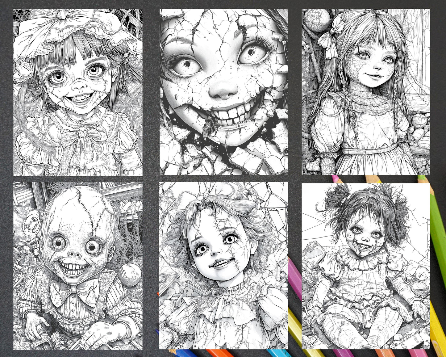 Haunted Dolls Halloween Horror Adult Coloring Pages Printable PDF Instant Download