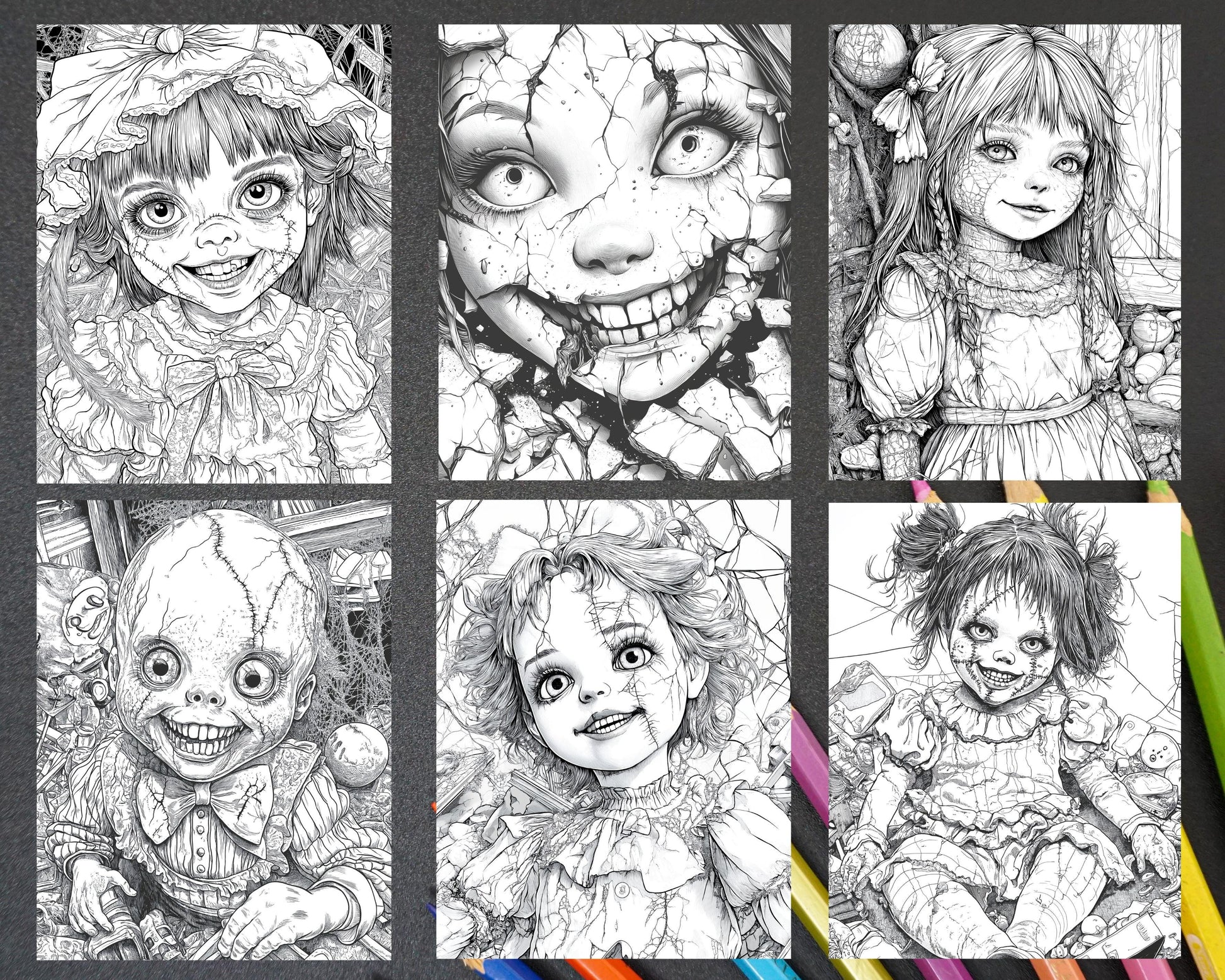 Haunted Dolls Halloween Horror Adult Coloring Pages Printable PDF Instant Download