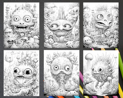 53 Surreal Creatures Grayscale Coloring Pages for Adults, Printable PDF File Instant Download