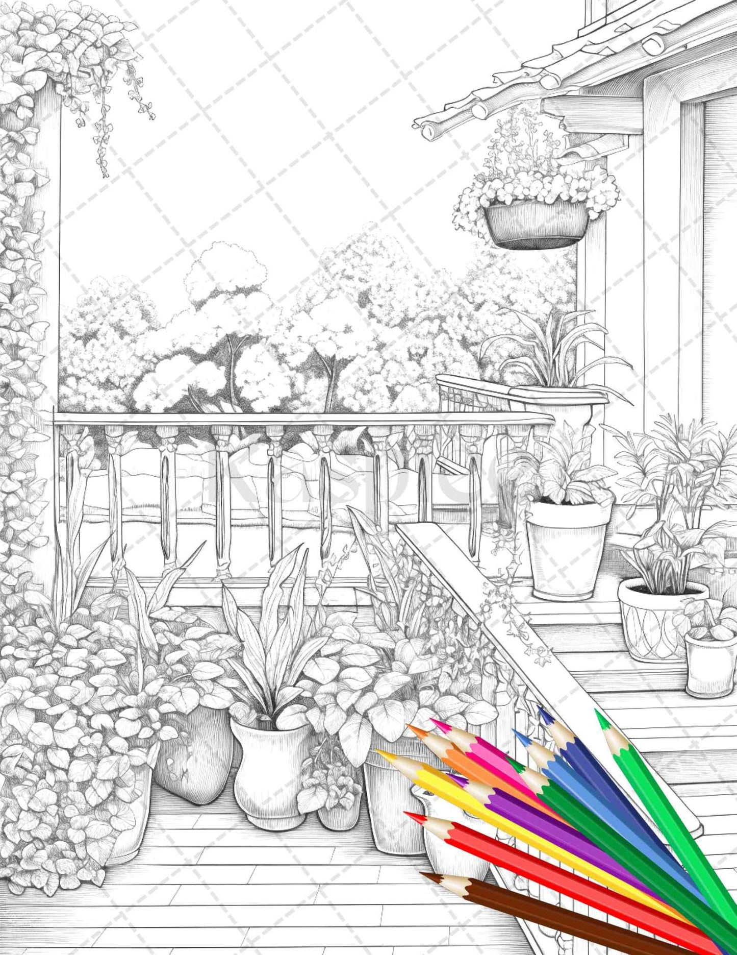 Charming Balcony Garden Grayscale Coloring Pages Printable for Adults, PDF File Instant Download