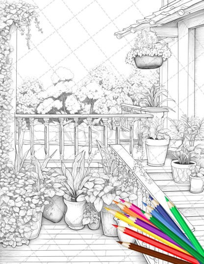 Charming Balcony Garden Grayscale Coloring Pages Printable for Adults, PDF File Instant Download