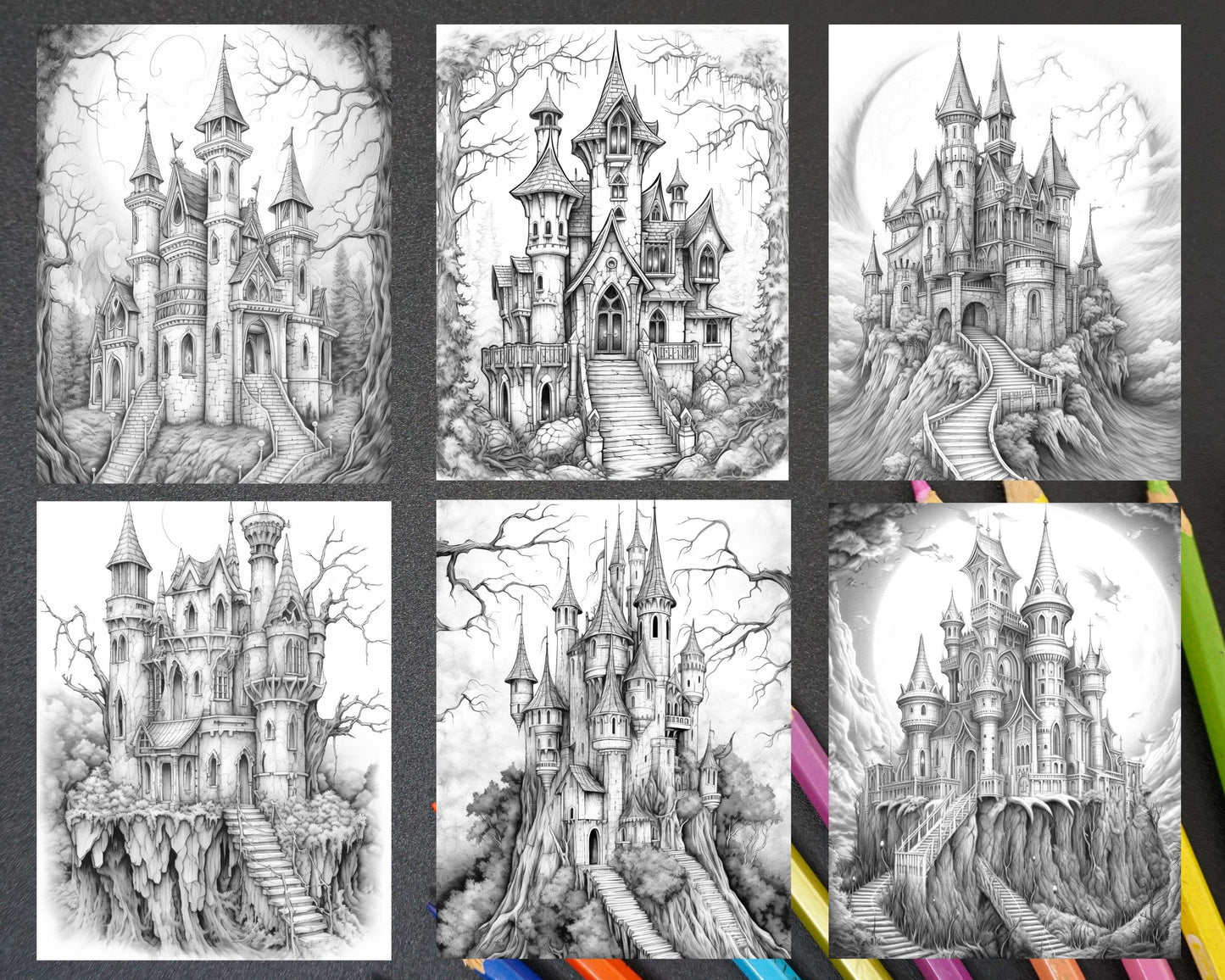50 Haunted Castles Grayscale Coloring Pages Printable, Halloween Coloring Book, PDF File Instant Download
