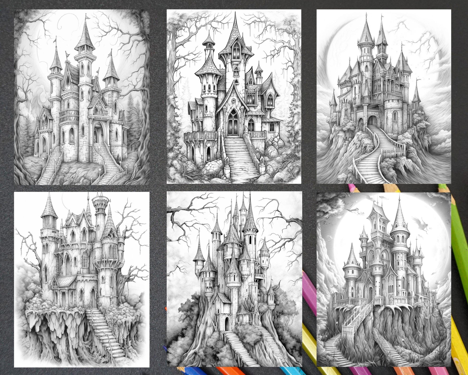 50 Haunted Castles Grayscale Coloring Pages Printable, Halloween Coloring Book, PDF File Instant Download