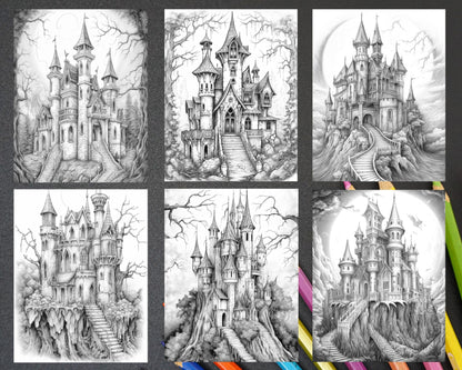50 Haunted Castles Grayscale Coloring Pages Printable, Halloween Coloring Book, PDF File Instant Download