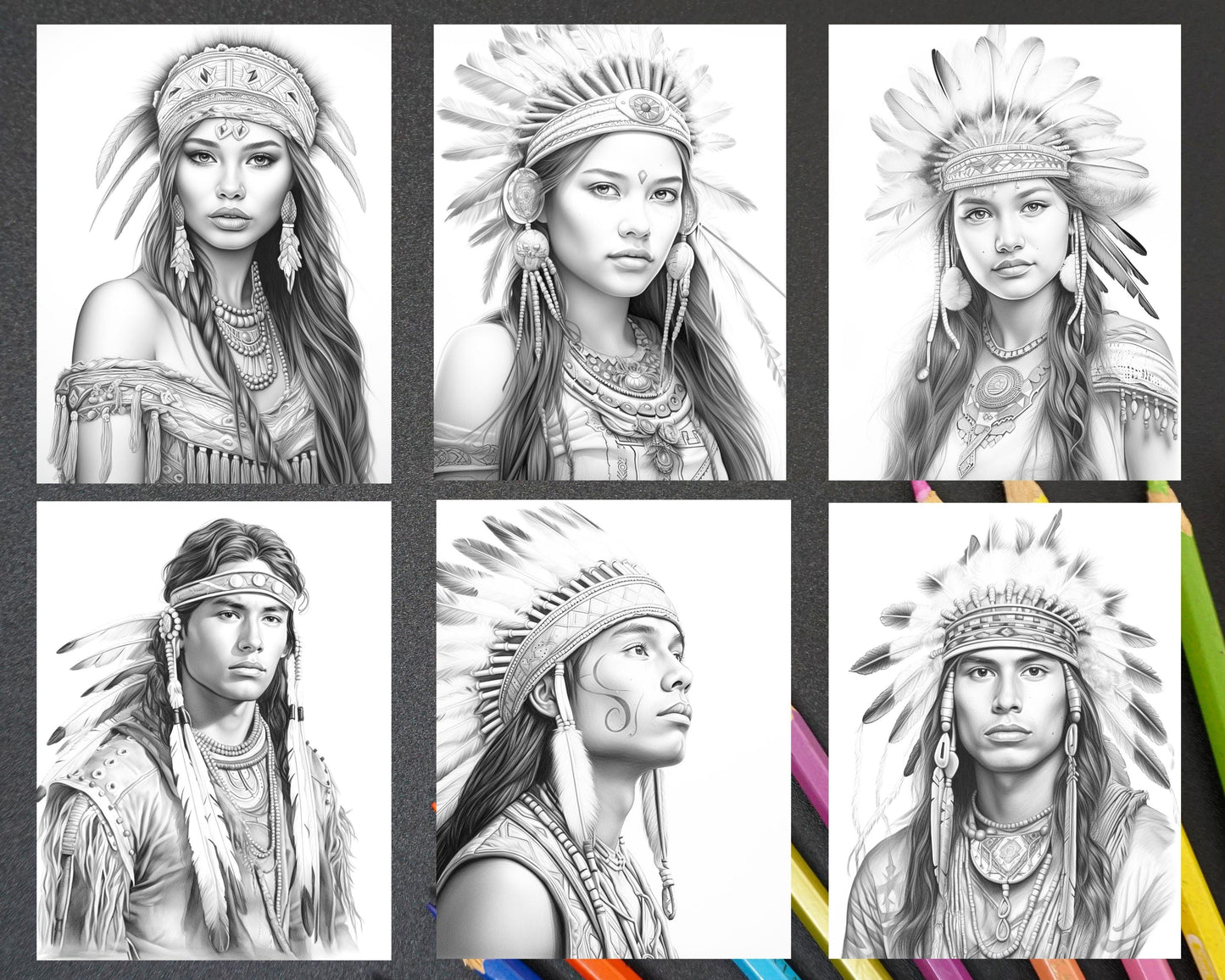 Native American Portrait Grayscale Coloring Pages Printable for Adults, PDF File Instant Download