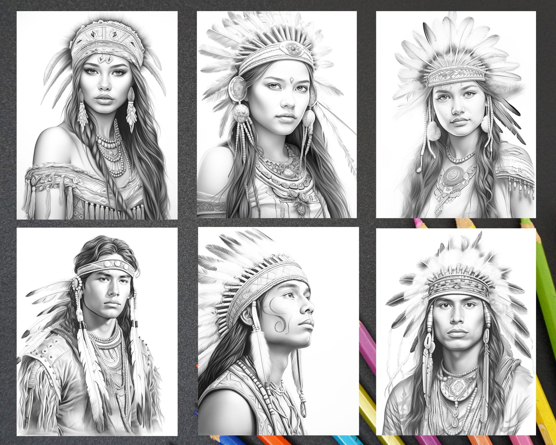 Native American Portrait Grayscale Coloring Pages Printable for Adults, PDF File Instant Download